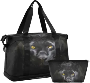 Kigai Fierce Black Panther Gym Bag for Women & Men,Waterproof Weekender Overnight Bag with Shoes Compartment Sports Duffel Bag for Gym Yoga Swimming Camping