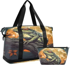 Kigai Frogs under Moonlight Gym Bag for Women & Men,Waterproof Weekender Overnight Bag with Shoes Compartment Sports Duffel Bag for Gym Yoga Swimming Camping