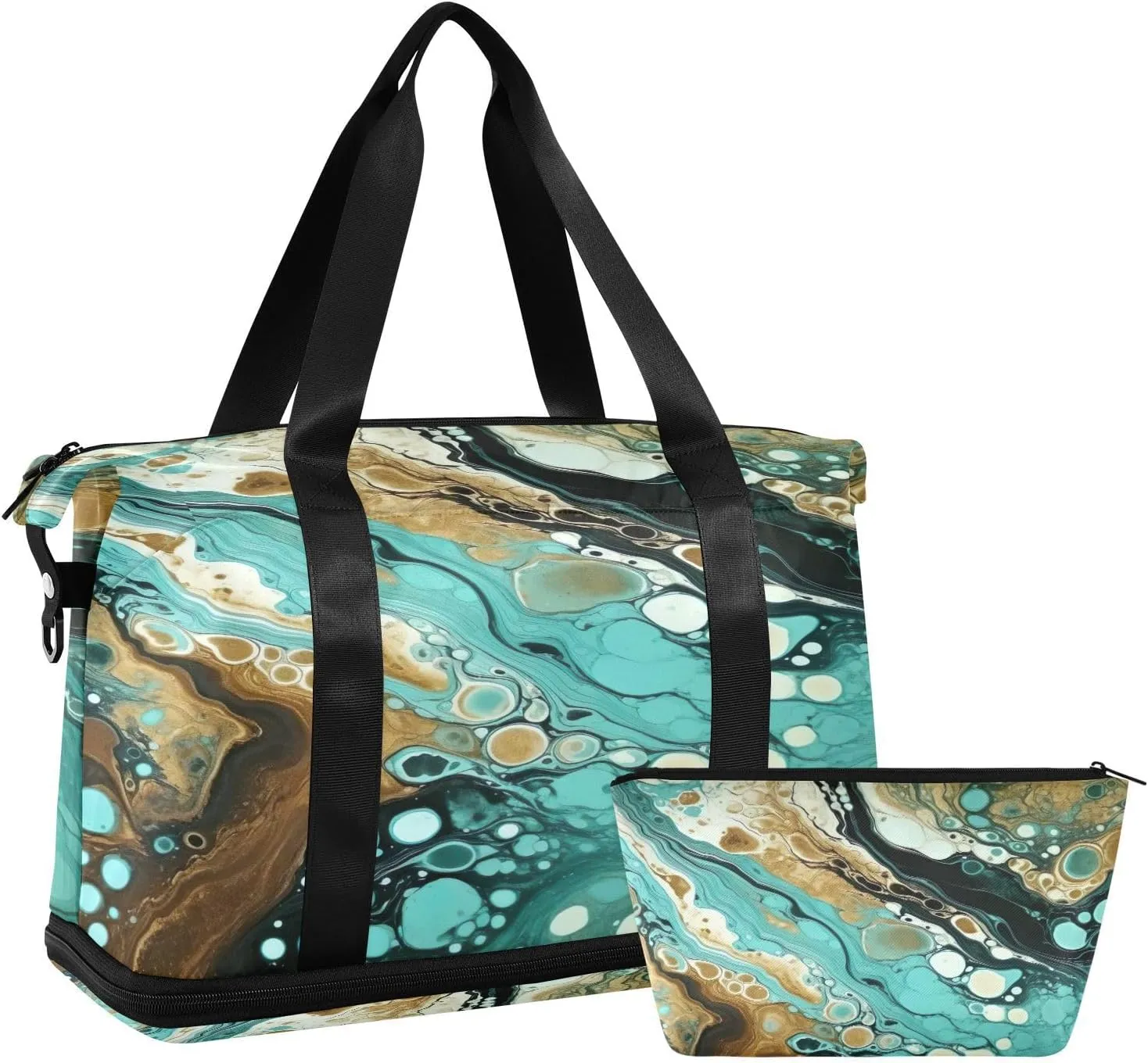 Kigai Gold Green Marble Gym Bag for Women & Men,Waterproof Weekender Overnight Bag with Shoes Compartment Sports Duffel Bag for Gym Yoga Swimming Camping