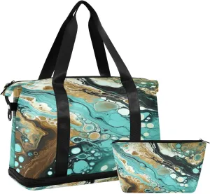 Kigai Gold Green Marble Gym Bag for Women & Men,Waterproof Weekender Overnight Bag with Shoes Compartment Sports Duffel Bag for Gym Yoga Swimming Camping