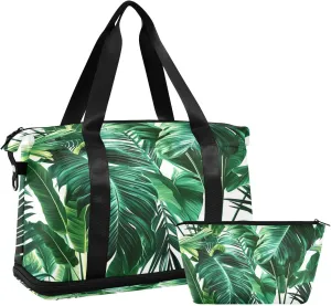 Kigai Green Palm Leaves Gym Bag for Women & Men,Waterproof Weekender Overnight Bag with Shoes Compartment Sports Duffel Bag for Gym Yoga Swimming Camping