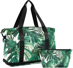 Kigai Green Palm Leaves Gym Bag for Women & Men,Waterproof Weekender Overnight Bag with Shoes Compartment Sports Duffel Bag for Gym Yoga Swimming Camping