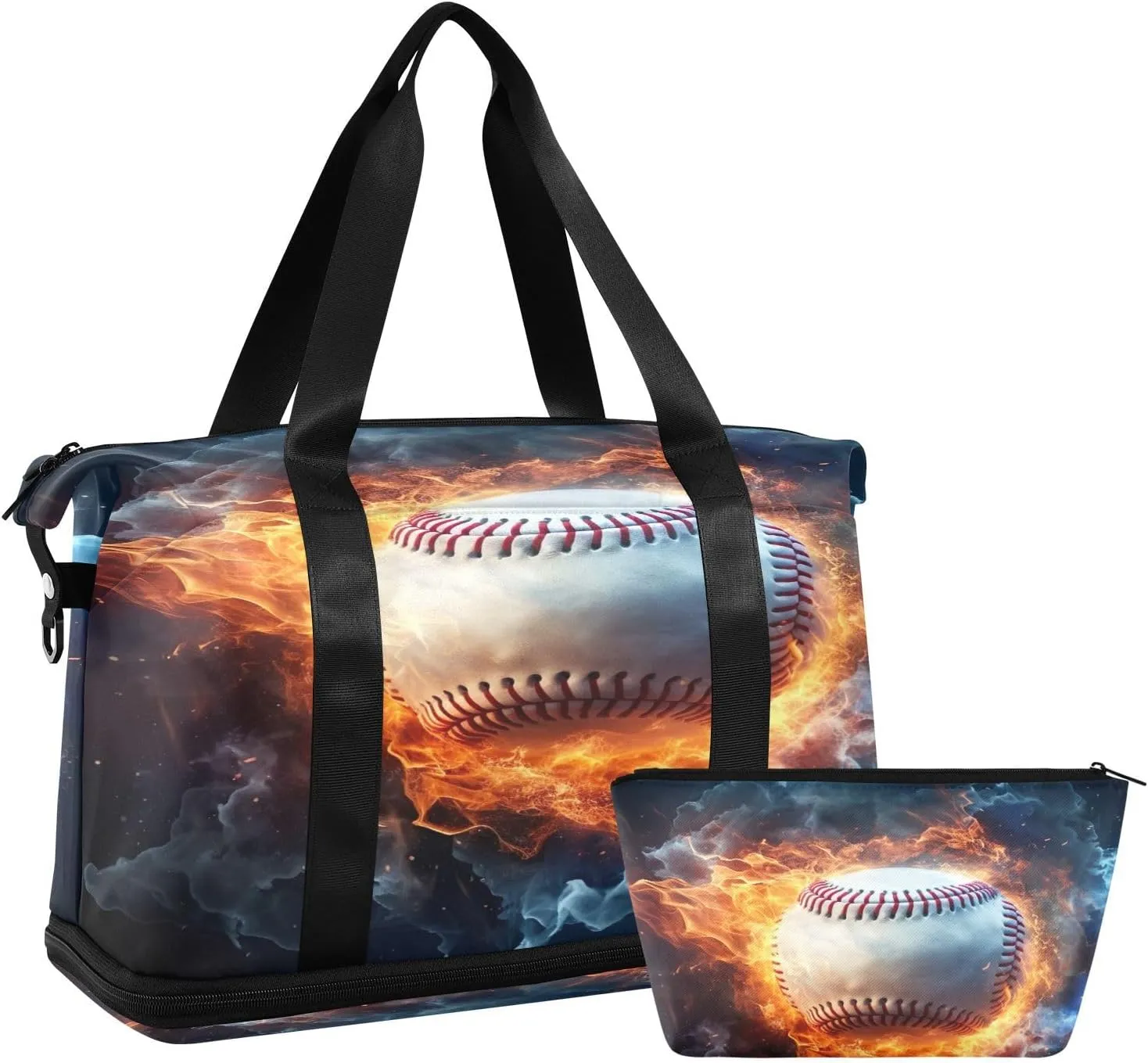 Kigai Ice Fire Baseball Gym Bag for Women & Men,Waterproof Weekender Overnight Bag with Shoes Compartment Sports Duffel Bag for Gym Yoga Swimming Camping