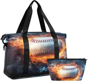 Kigai Ice Fire Baseball Gym Bag for Women & Men,Waterproof Weekender Overnight Bag with Shoes Compartment Sports Duffel Bag for Gym Yoga Swimming Camping