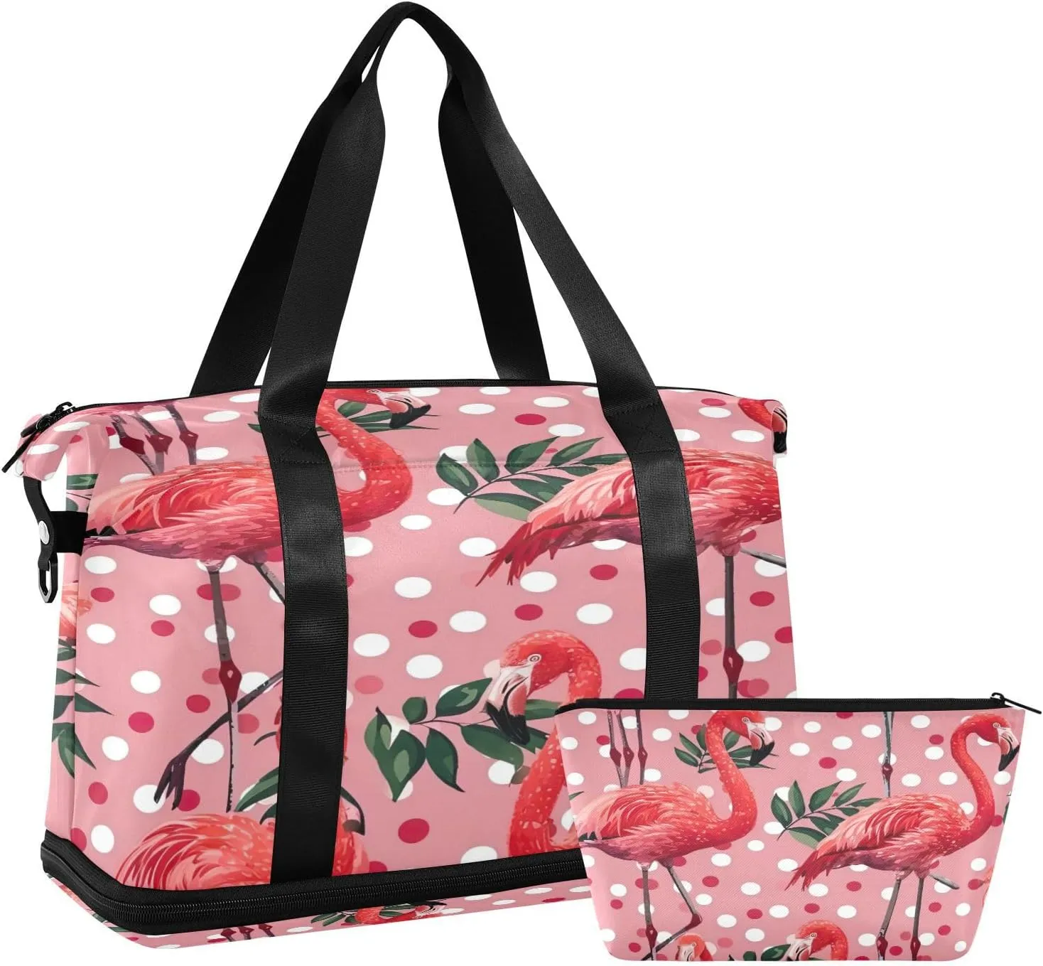 Kigai Polka Dots Flamingo Gym Bag for Women & Men,Waterproof Weekender Overnight Bag with Shoes Compartment Sports Duffel Bag for Gym Yoga Swimming Camping