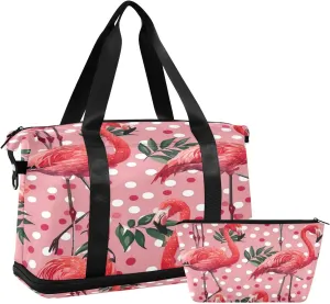 Kigai Polka Dots Flamingo Gym Bag for Women & Men,Waterproof Weekender Overnight Bag with Shoes Compartment Sports Duffel Bag for Gym Yoga Swimming Camping
