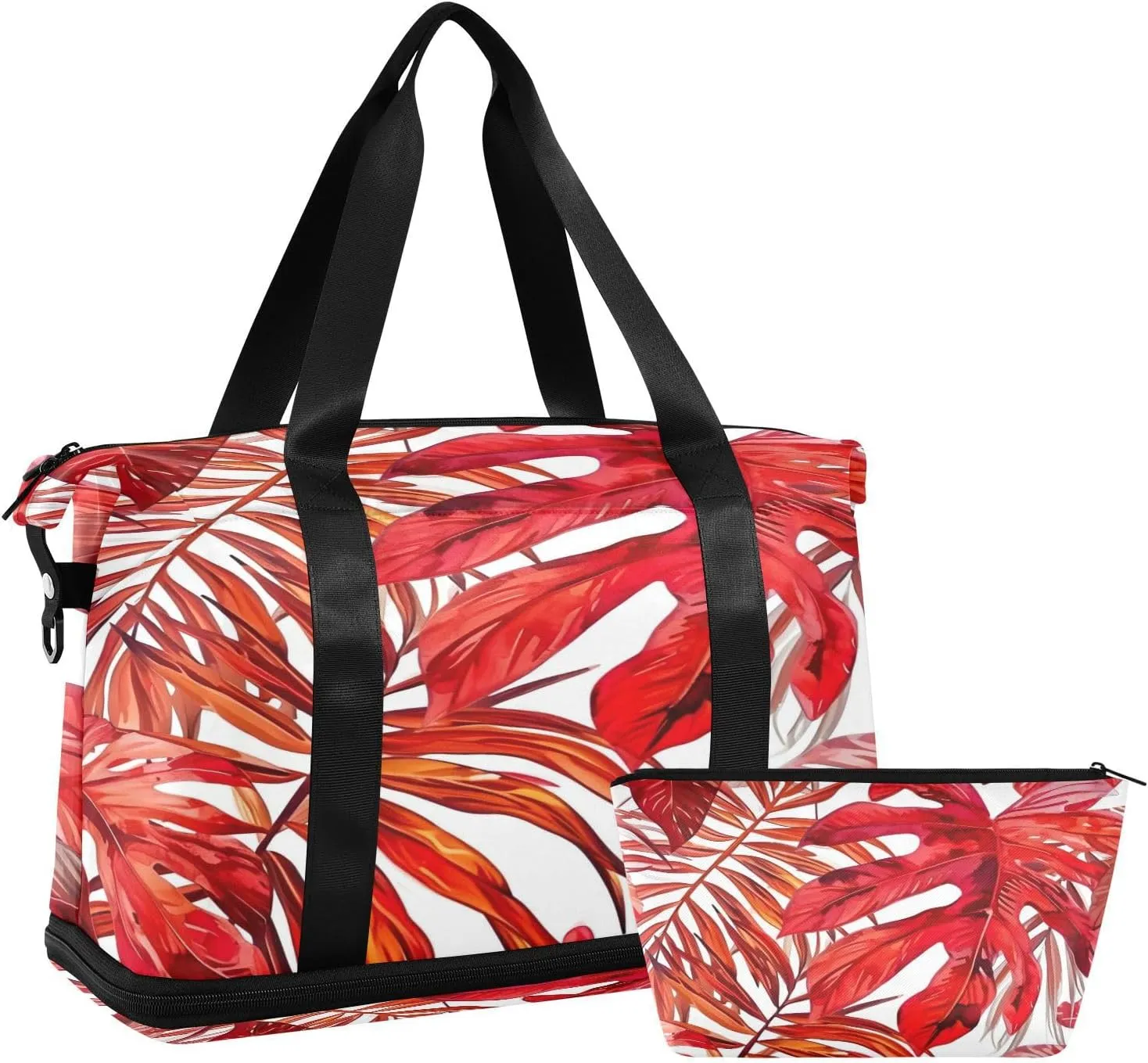 Kigai Red Palm Leaves Gym Bag for Women & Men,Waterproof Weekender Overnight Bag with Shoes Compartment Sports Duffel Bag for Gym Yoga Swimming Camping