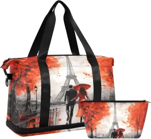 Kigai Red Paris Street Gym Bag for Women & Men,Waterproof Weekender Overnight Bag with Shoes Compartment Sports Duffel Bag for Gym Yoga Swimming Camping