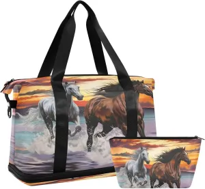 Kigai Running Herds Of Horses Gym Bag for Women & Men,Waterproof Weekender Overnight Bag with Shoes Compartment Sports Duffel Bag for Gym Yoga Swimming Camping