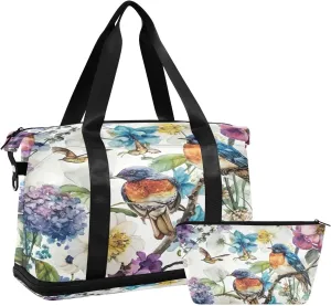 Kigai Vintage Bird Flower Gym Bag for Women & Men,Waterproof Weekender Overnight Bag with Shoes Compartment Sports Duffel Bag for Gym Yoga Swimming Camping