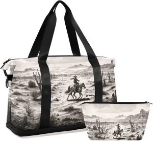 Kigai Western Desert Cowboy Gym Bag for Women & Men,Waterproof Weekender Overnight Bag with Shoes Compartment Sports Duffel Bag for Gym Yoga Swimming Camping