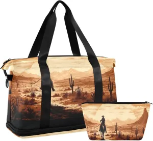 Kigai Western Desert Cowboy Gym Bag for Women & Men,Waterproof Weekender Overnight Bag with Shoes Compartment Sports Duffel Bag for Gym Yoga Swimming Camping