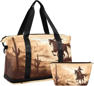 Kigai Western Desert Cowboy Gym Bag for Women & Men,Waterproof Weekender Overnight Bag with Shoes Compartment Sports Duffel Bag for Gym Yoga Swimming Camping