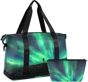 Kigai Wild Aurora Borealis Gym Bag for Women & Men,Waterproof Weekender Overnight Bag with Shoes Compartment Sports Duffel Bag for Gym Yoga Swimming Camping
