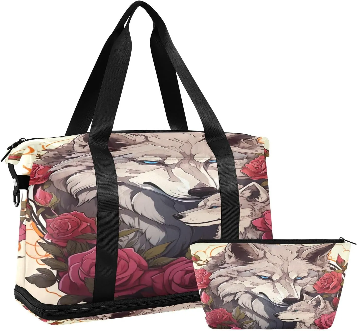 Kigai Wolf and Flowers Gym Bag for Women & Men,Waterproof Weekender Overnight Bag with Shoes Compartment Sports Duffel Bag for Gym Yoga Swimming Camping