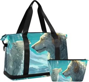 Kigai Wolf under Winter Snow Gym Bag for Women & Men,Waterproof Weekender Overnight Bag with Shoes Compartment Sports Duffel Bag for Gym Yoga Swimming Camping