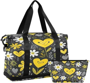 Kigai Yellow White Daisy Gym Bag for Women & Men,Waterproof Weekender Overnight Bag with Shoes Compartment Sports Duffel Bag for Gym Yoga Swimming Camping