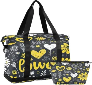 Kigai Yellow White Daisy Gym Bag for Women & Men,Waterproof Weekender Overnight Bag with Shoes Compartment Sports Duffel Bag for Gym Yoga Swimming Camping