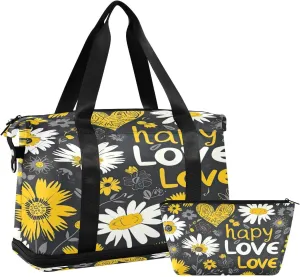 Kigai Yellow White Daisy Gym Bag for Women & Men,Waterproof Weekender Overnight Bag with Shoes Compartment Sports Duffel Bag for Gym Yoga Swimming Camping
