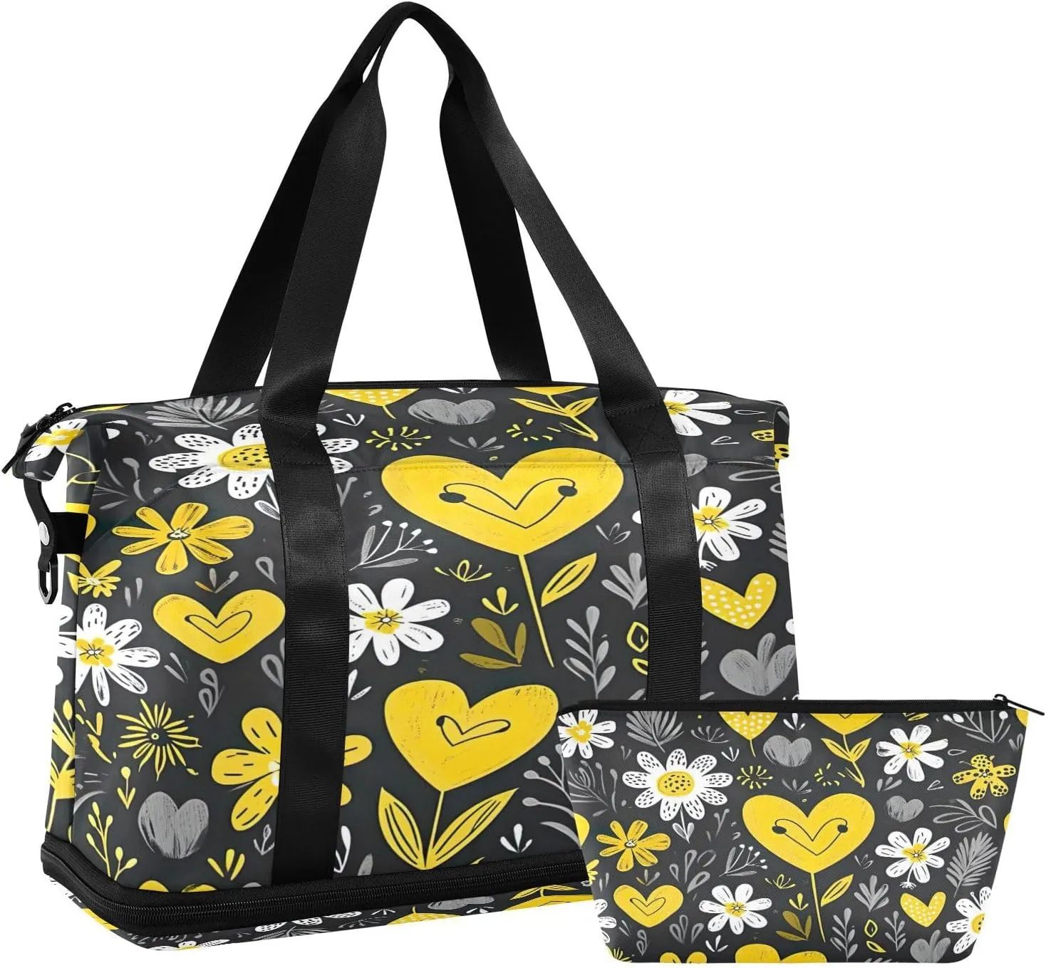 Kigai Yellow White Daisy Gym Bag for Women & Men,Waterproof Weekender Overnight Bag with Shoes Compartment Sports Duffel Bag for Gym Yoga Swimming Camping