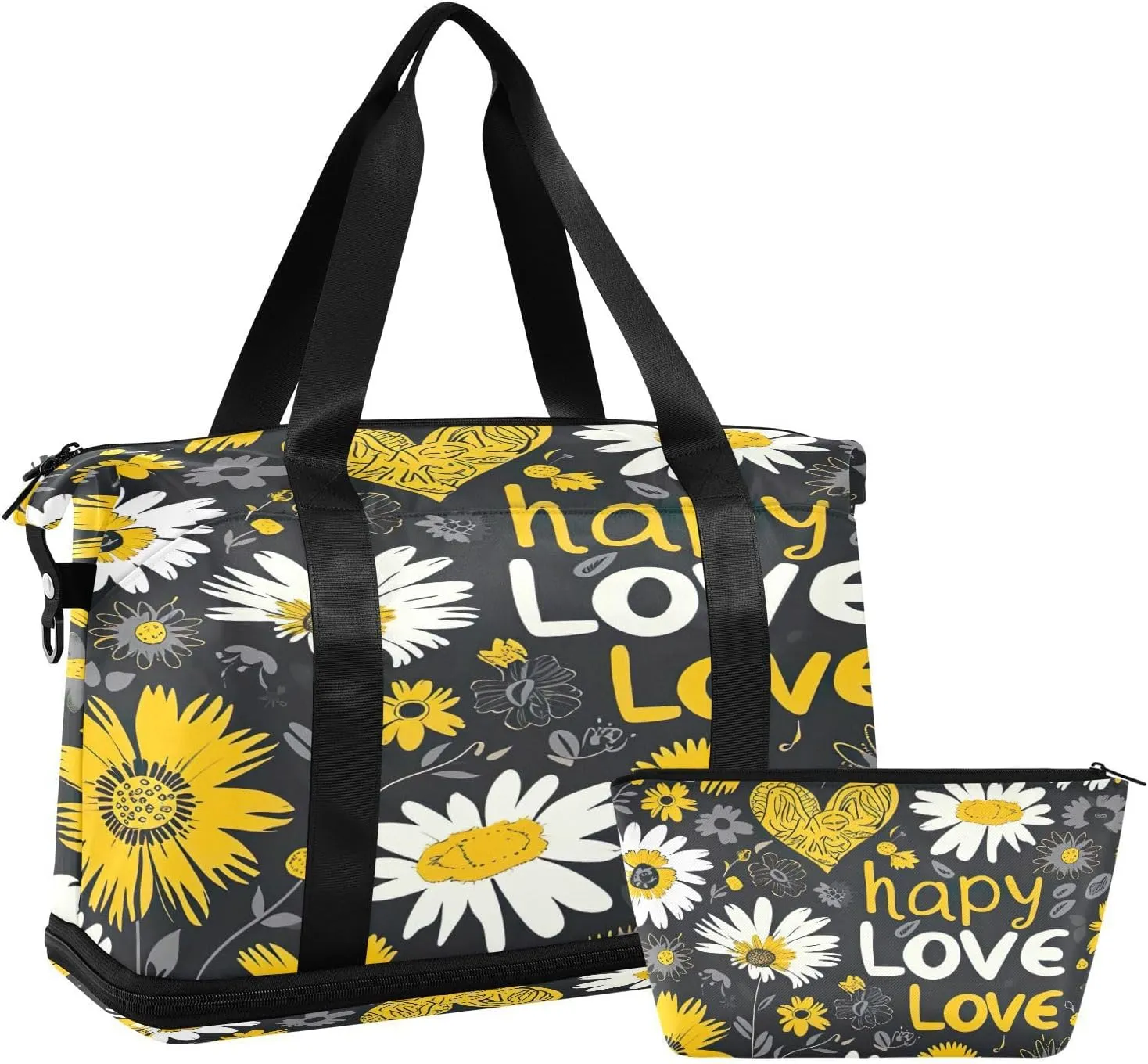 Kigai Yellow White Daisy Gym Bag for Women & Men,Waterproof Weekender Overnight Bag with Shoes Compartment Sports Duffel Bag for Gym Yoga Swimming Camping