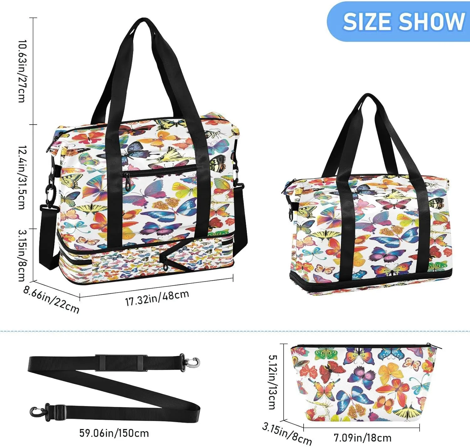 Large Gym Bag Butterfly Print Sports Travel Duffel Bag,Weekender Overnight Bag with Wet Pocket and Shoes Compartment for Women Girls Travel, Gym, Yoga, School