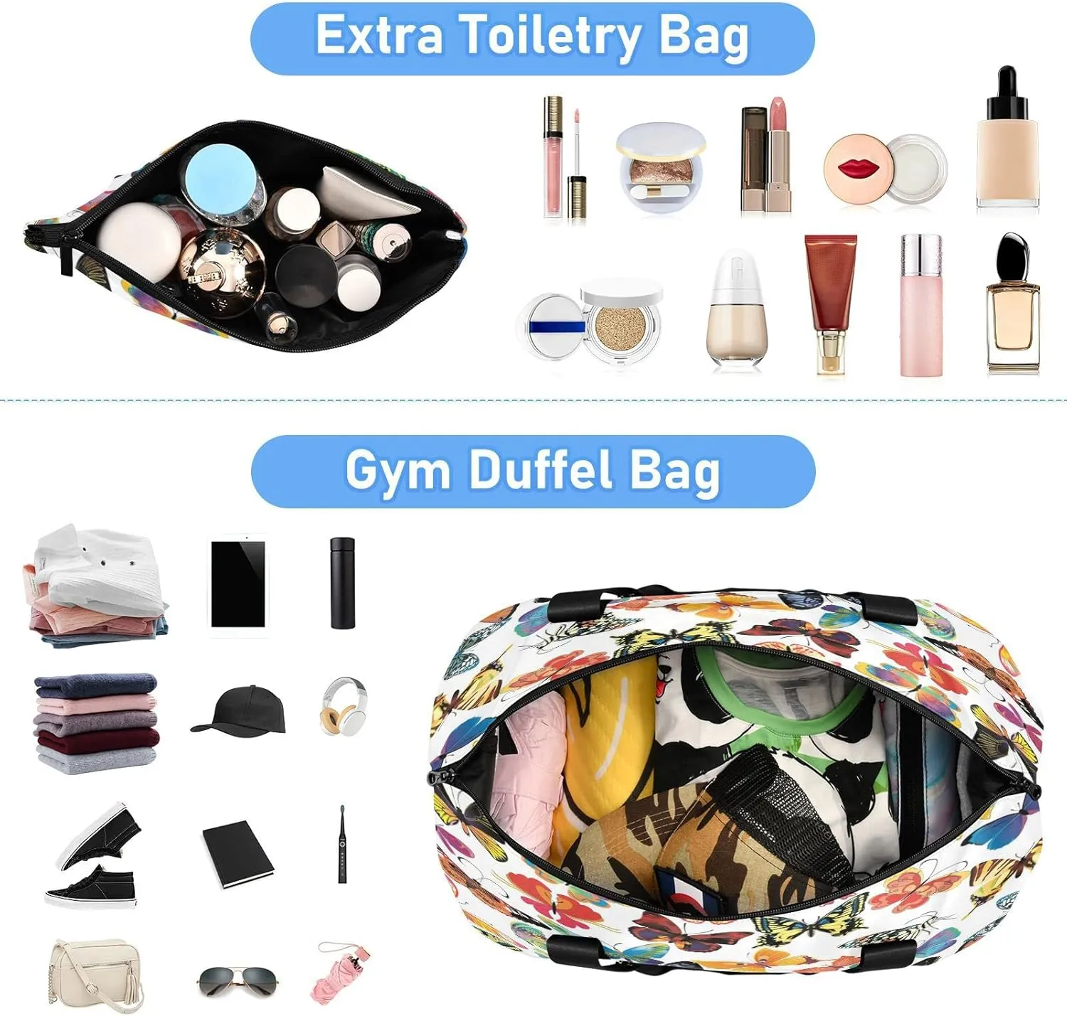 Large Gym Bag Butterfly Print Sports Travel Duffel Bag,Weekender Overnight Bag with Wet Pocket and Shoes Compartment for Women Girls Travel, Gym, Yoga, School