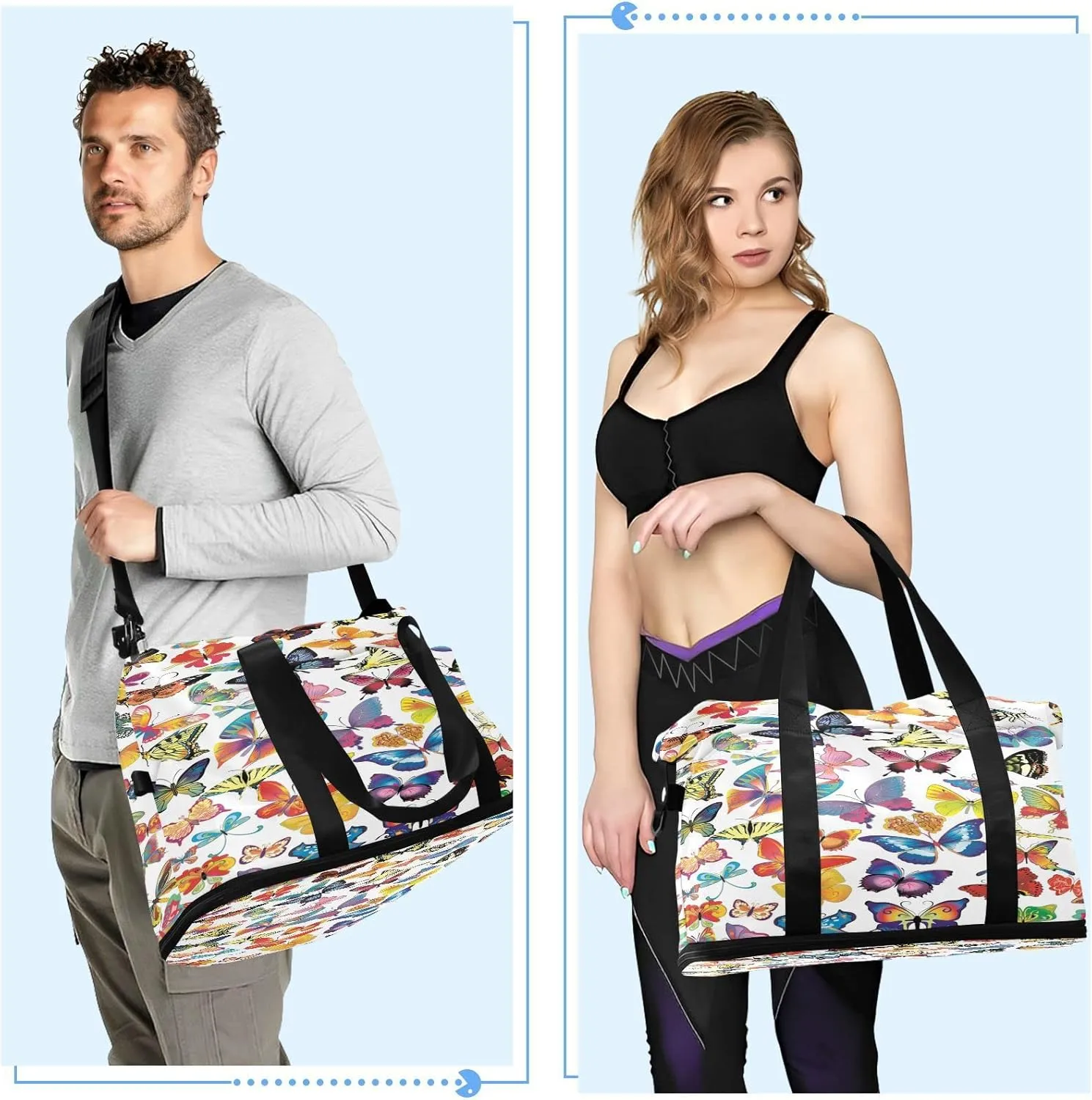 Large Gym Bag Butterfly Print Sports Travel Duffel Bag,Weekender Overnight Bag with Wet Pocket and Shoes Compartment for Women Girls Travel, Gym, Yoga, School