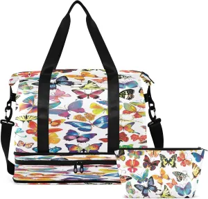 Large Gym Bag Butterfly Print Sports Travel Duffel Bag,Weekender Overnight Bag with Wet Pocket and Shoes Compartment for Women Girls Travel, Gym, Yoga, School