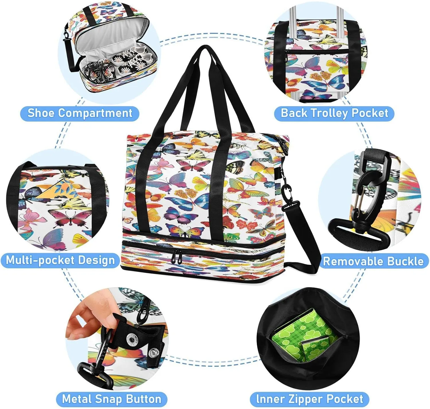 Large Gym Bag Butterfly Print Sports Travel Duffel Bag,Weekender Overnight Bag with Wet Pocket and Shoes Compartment for Women Girls Travel, Gym, Yoga, School
