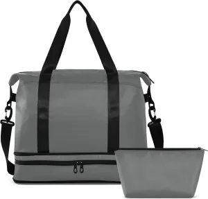 Large Gym Bag Gray Sports Travel Duffel Bag,Weekender Overnight Bag with Wet Pocket and Shoes Compartment for Women Girls Travel, Gym, Yoga, School