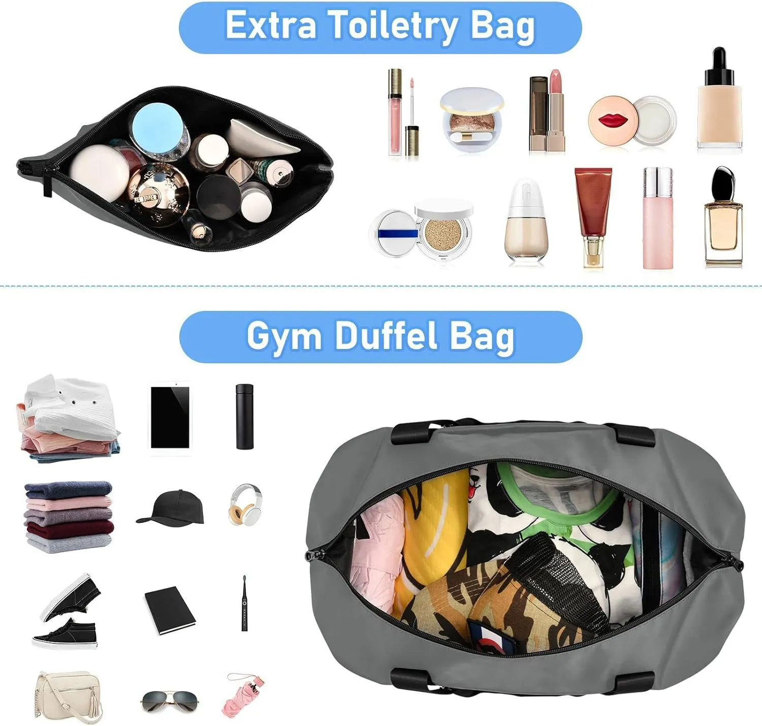 Large Gym Bag Gray Sports Travel Duffel Bag,Weekender Overnight Bag with Wet Pocket and Shoes Compartment for Women Girls Travel, Gym, Yoga, School