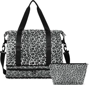 Large Gym Bag Leopard Print Sports Travel Duffel Bag,Weekender Overnight Bag with Wet Pocket and Shoes Compartment for Women Girls Travel, Gym, Yoga, School