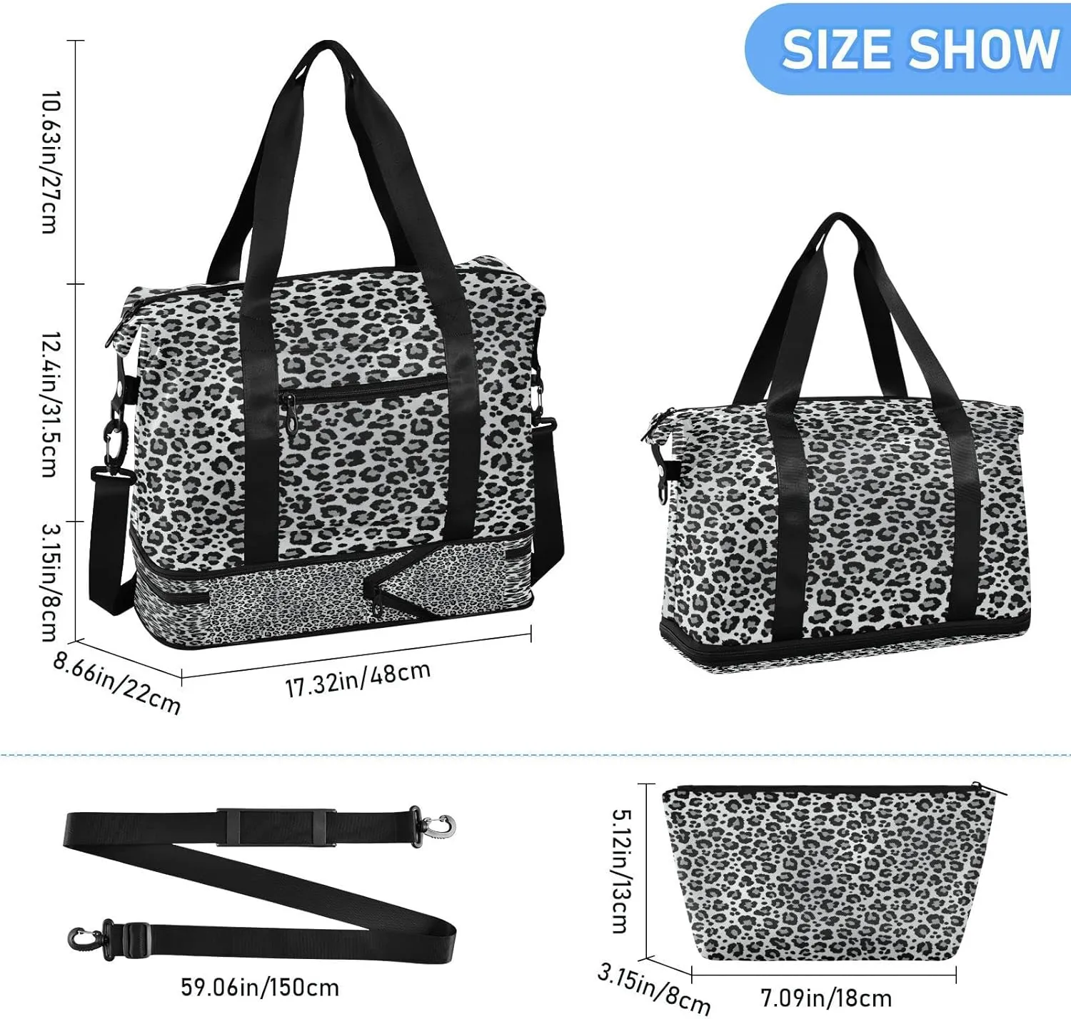 Large Gym Bag Leopard Print Sports Travel Duffel Bag,Weekender Overnight Bag with Wet Pocket and Shoes Compartment for Women Girls Travel, Gym, Yoga, School
