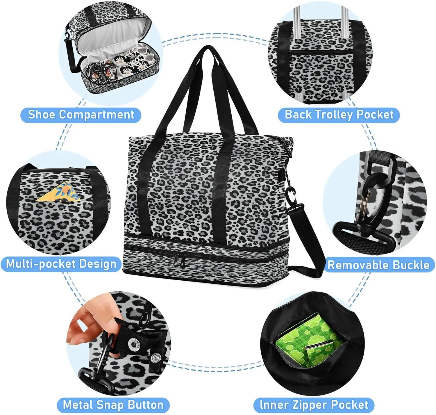 Large Gym Bag Leopard Print Sports Travel Duffel Bag,Weekender Overnight Bag with Wet Pocket and Shoes Compartment for Women Girls Travel, Gym, Yoga, School