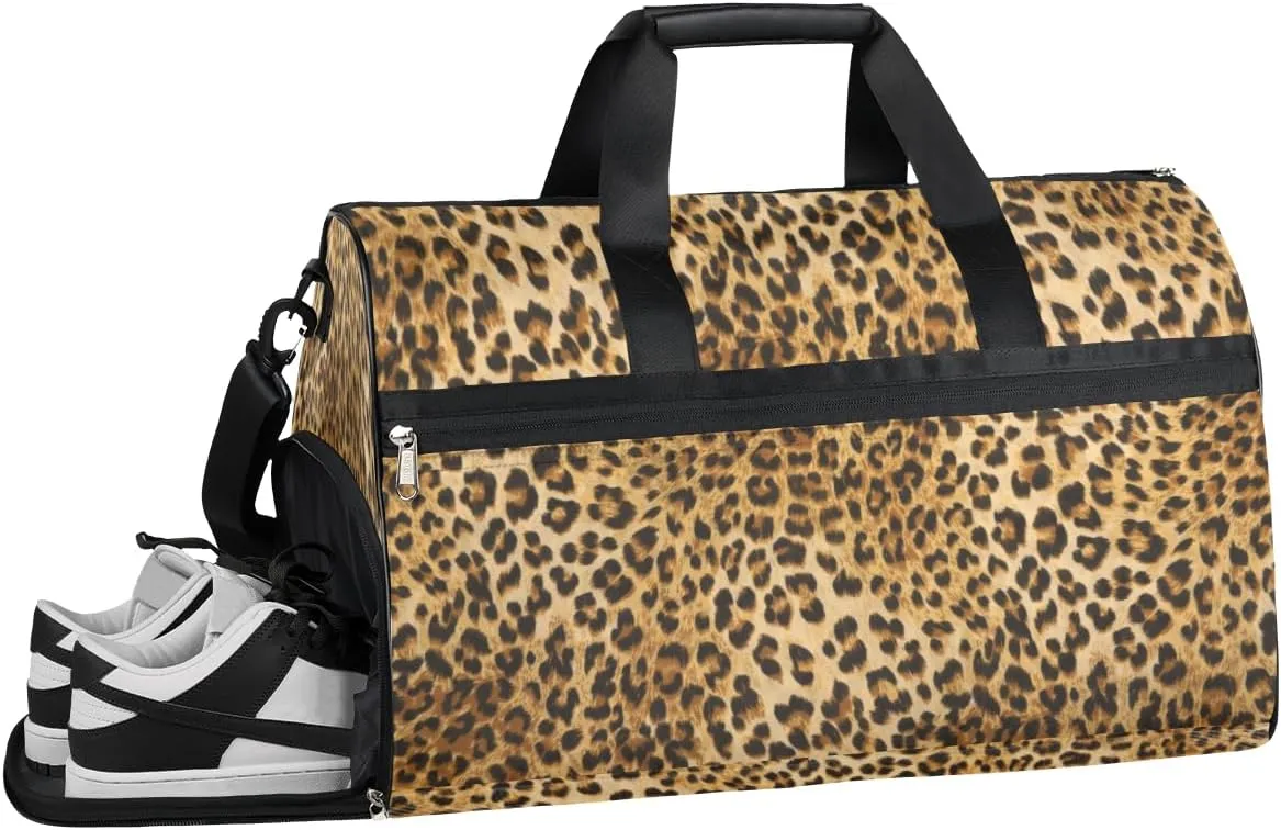 Leopard Animal Sports Gym Bag with Wet Pocket & Shoes Compartment Waterproof Workout Duffel Bag for Women and Men Weekender Overnight Duffle Bag Travel Carry-on Tote