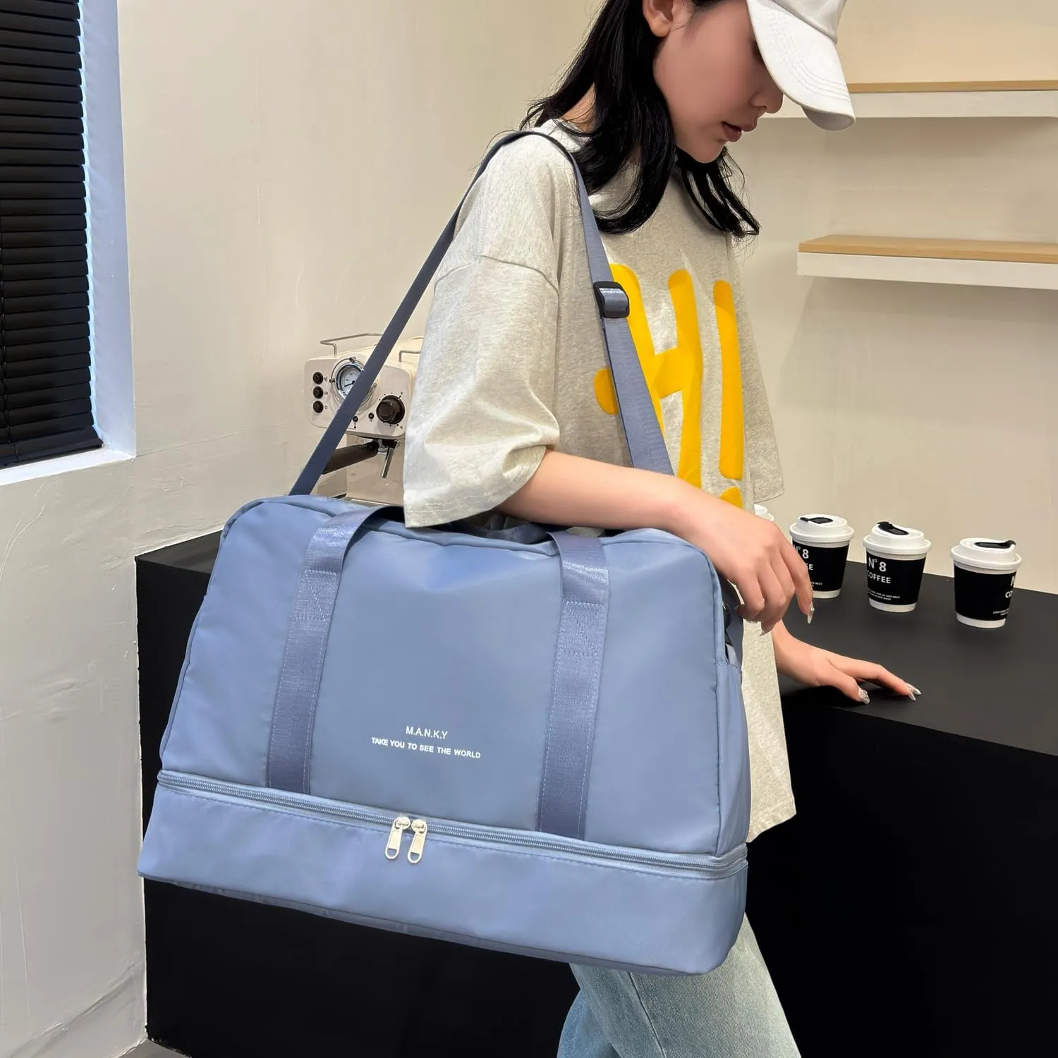 Light Gym Bag for Women, Large Capacity Sports Travel Duffle Bag with with Shoe Compartment & Wet Pocket,Lady Weekender Overnight Aircraft Bag Blue