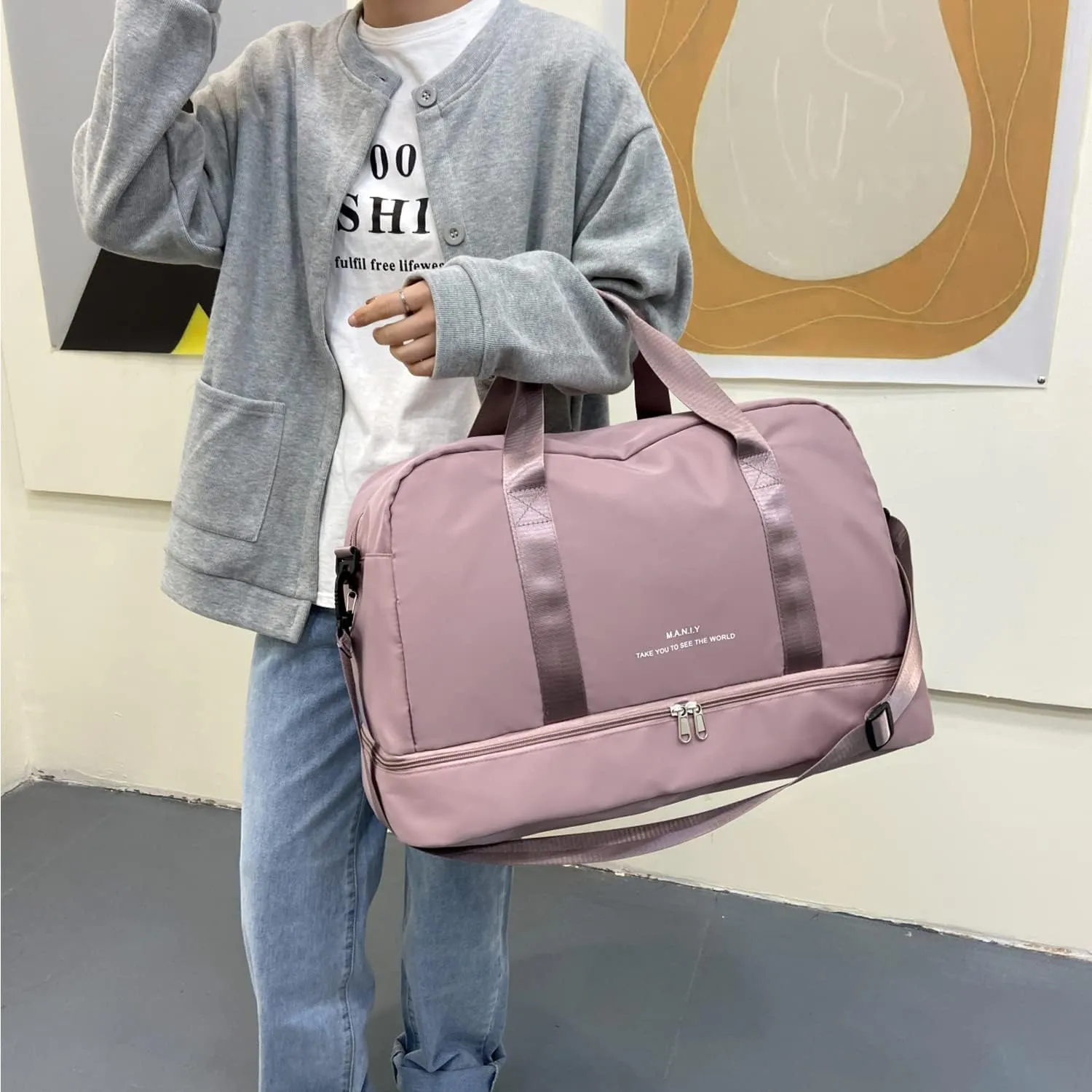Light Gym Bag for Women, Sports Travel Duffle Bag with with Shoe Compartment & Wet Pocket,Large Capacity Weekender Overnight Aircraft Bag, Travel, Gym, YogaPink