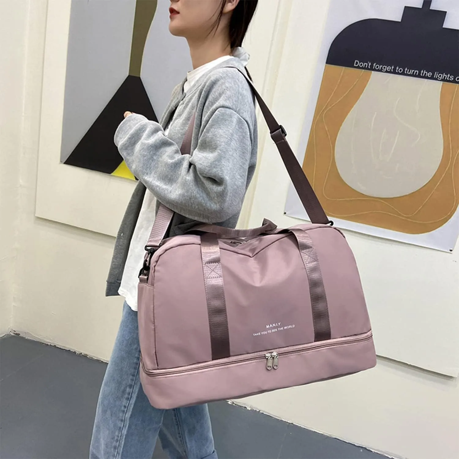 Light Gym Bag for Women, Sports Travel Duffle Bag with with Shoe Compartment & Wet Pocket,Large Capacity Weekender Overnight Aircraft Bag, Travel, Gym, YogaPink