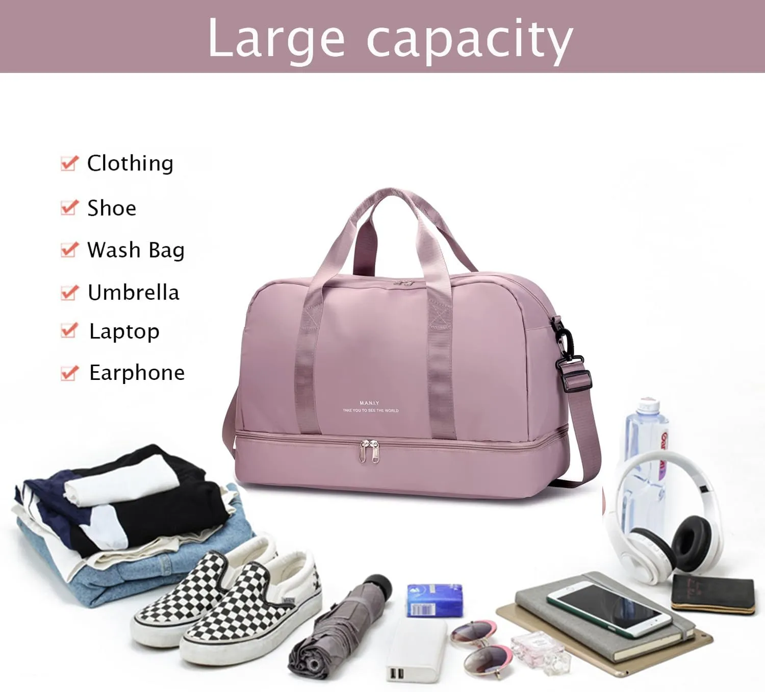 Light Gym Bag for Women, Sports Travel Duffle Bag with with Shoe Compartment & Wet Pocket,Large Capacity Weekender Overnight Aircraft Bag, Travel, Gym, YogaPink