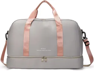 Light Sports Travel Duffle Bag with with Shoe Compartment & Wet Pocket, Large Capacity Gym Bag for Women, Lady Weekender Overnight Aircraft Bag, Travel, Gym, Yoga, Grey