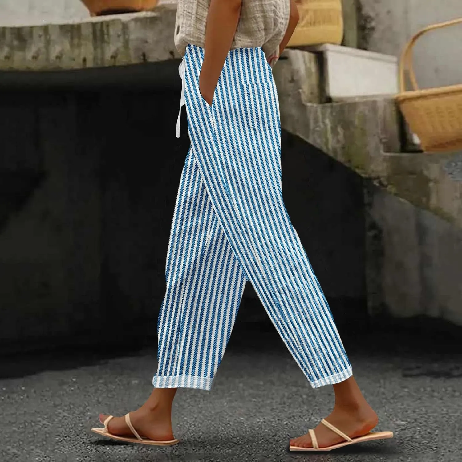 Linen Pants and Summer Casual Drawstring Pants Loose Comfy Trendy Elastic Waist Cropped Trouser Black Leggings Women