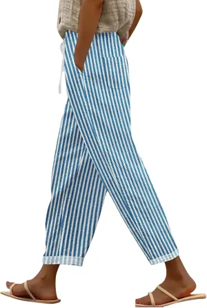 Linen Pants and Summer Casual Drawstring Pants Loose Comfy Trendy Elastic Waist Cropped Trouser Black Leggings Women