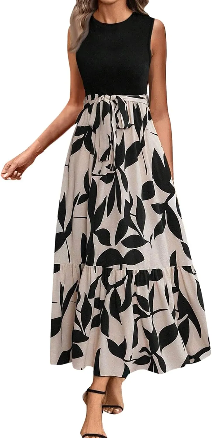 Long Floral Dresses for Women with Sleeves 2025 Elegant Boho Tie Belted Patchwork Empire Waist A Line Modest Flowy Maxi Dress