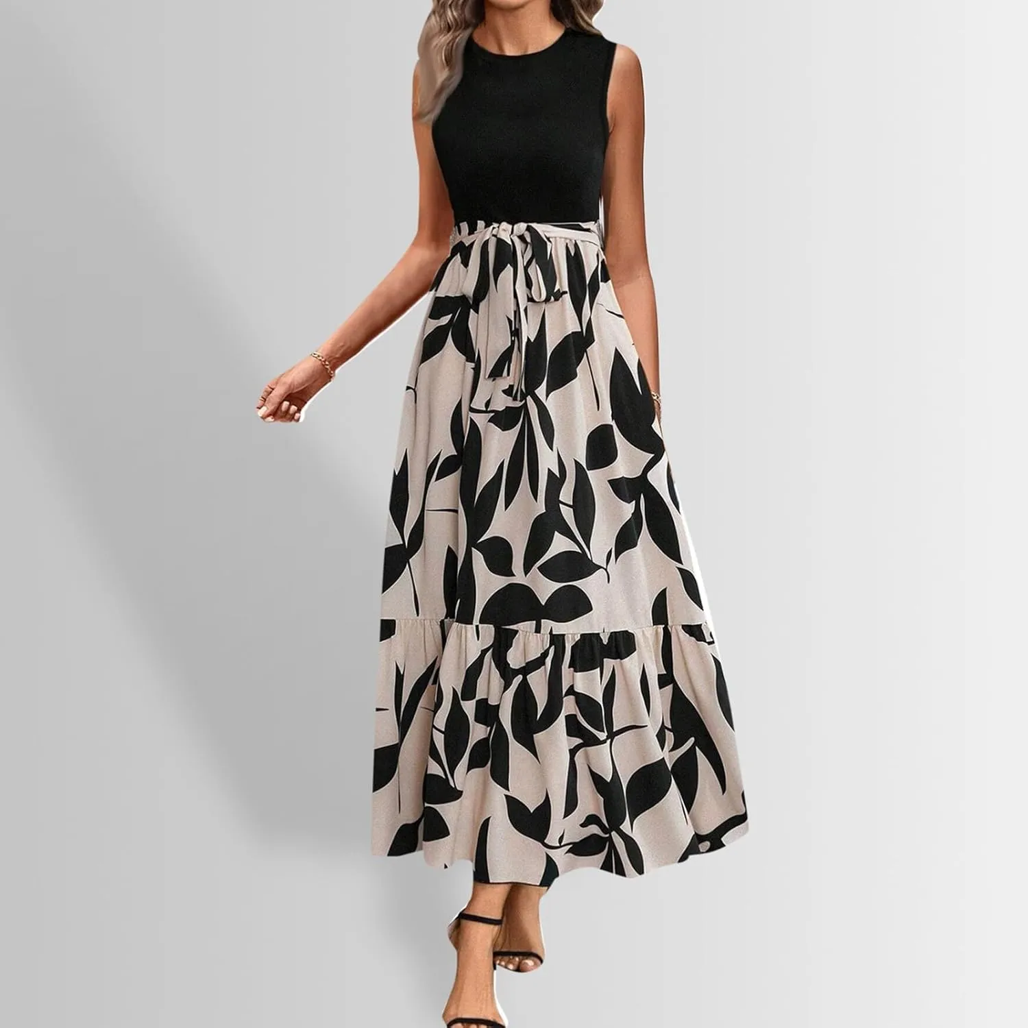 Long Floral Dresses for Women with Sleeves 2025 Elegant Boho Tie Belted Patchwork Empire Waist A Line Modest Flowy Maxi Dress