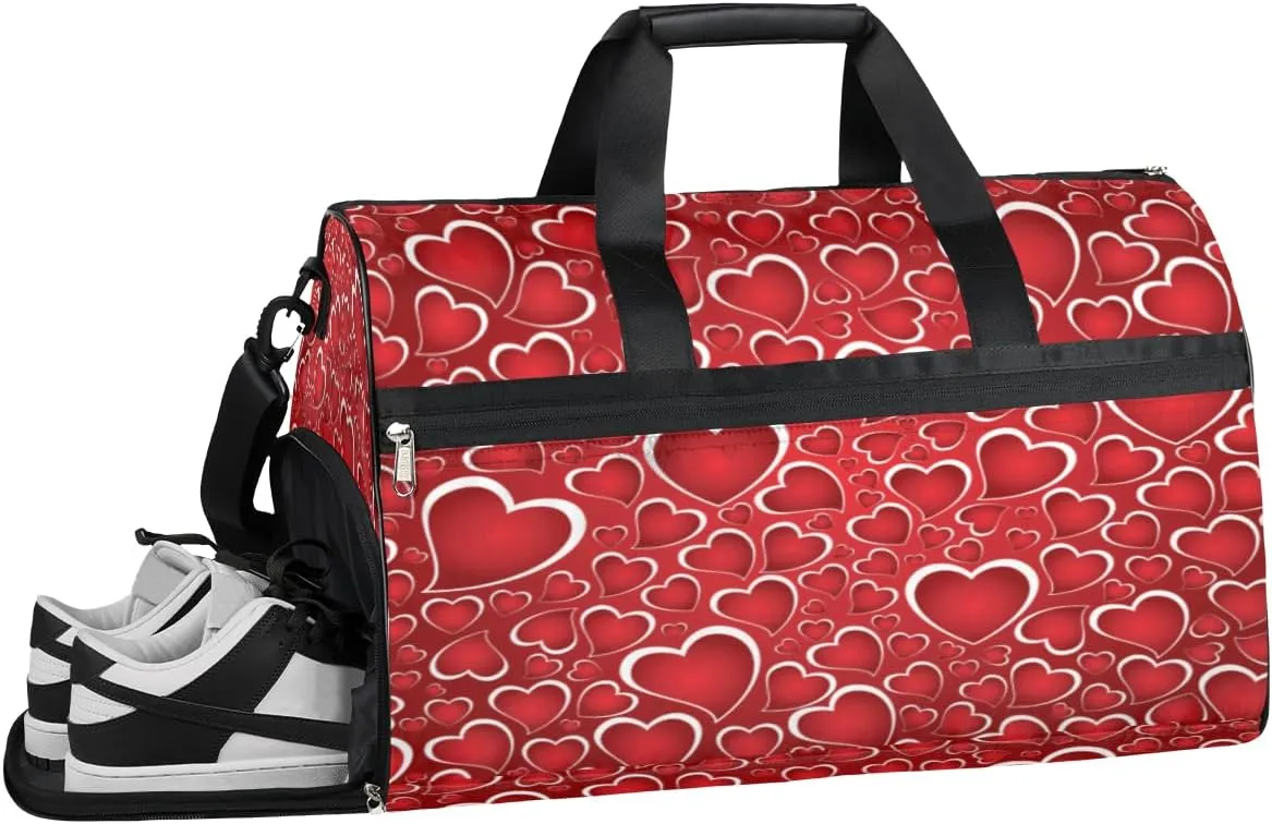 Love Heart Red Resistant Sports Gym Bag for Women Men Travel Duffel bag with Wet Pocket & Shoes Compartment Waterproof Weekender Bag 19.7"x9.9"x13"