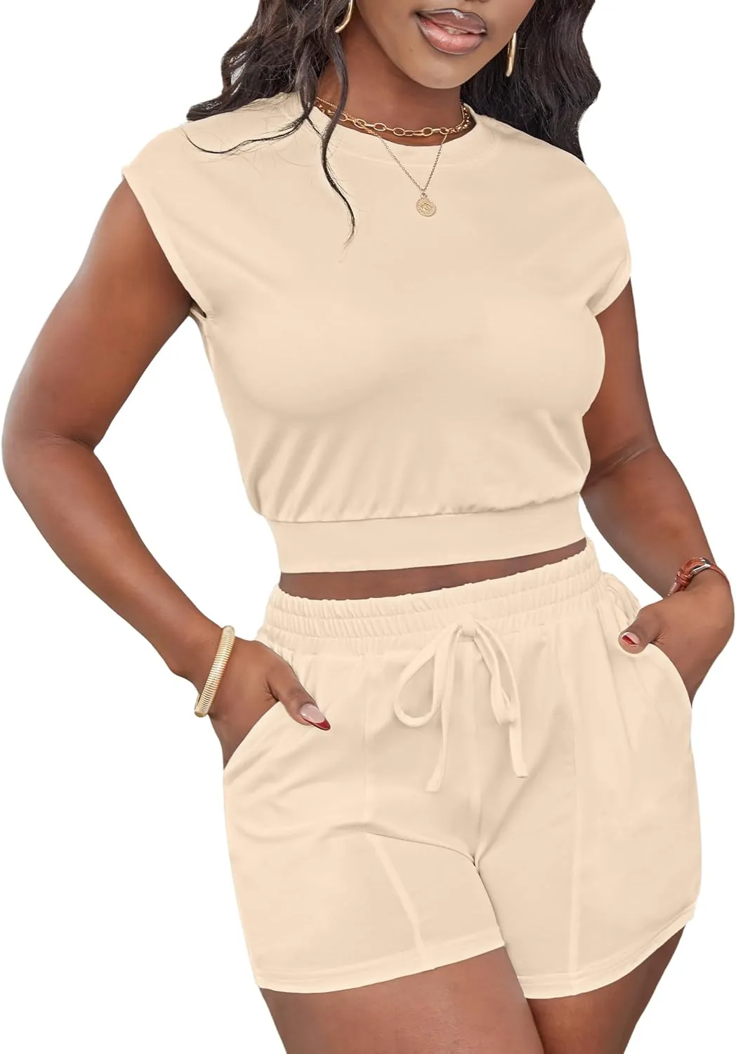 LovelyWholesale Short Sets for Women 2 Piece Summer Sets Cap Sleeve Crop Tops and Shorts Tracksuits Sets