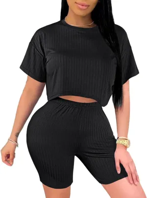LovelyWholesale Short Sets for Women 2 Piece Summer Sets Cap Sleeve Crop Tops and Shorts Tracksuits Sets