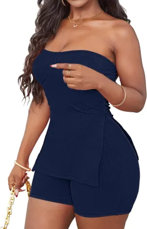 LovelyWholesale Shorts Sets Women Two Piece Outfits Split Ribbed Tube Tops and Shorts Matching Sets
