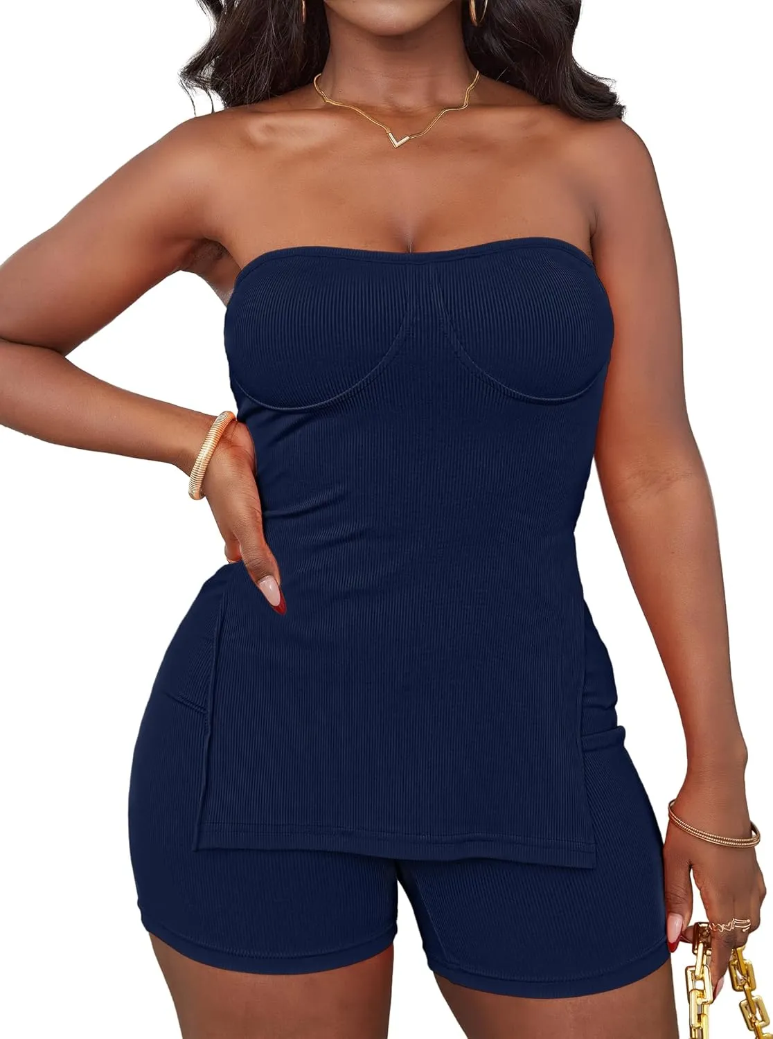 LovelyWholesale Shorts Sets Women Two Piece Outfits Split Ribbed Tube Tops and Shorts Matching Sets